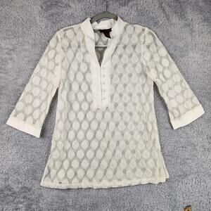 Vintage Polka Dot Blouse Womens Small White Sheer Mesh Tunic Top Henley Boho Y2k